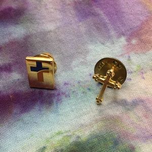 2 cross lapel pins, gold tone. 62